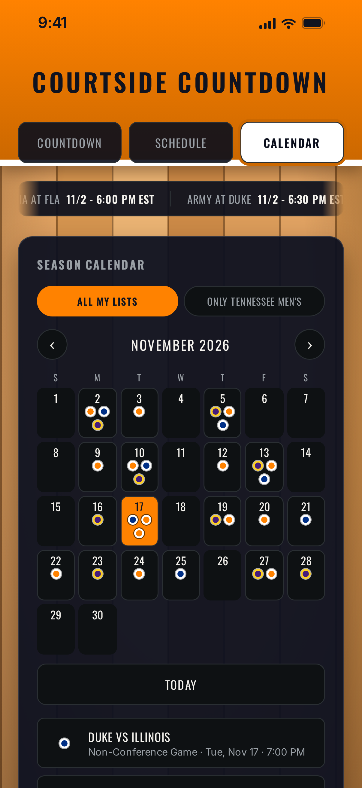 Season calendar with a colored dot for each team's games