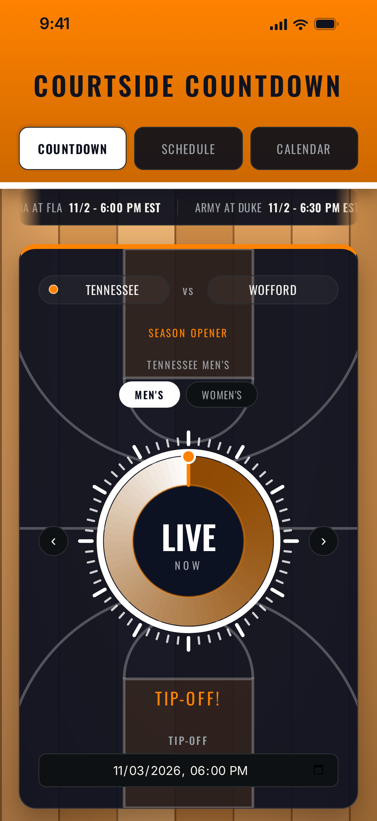 Dial showing LIVE NOW while the game is under way