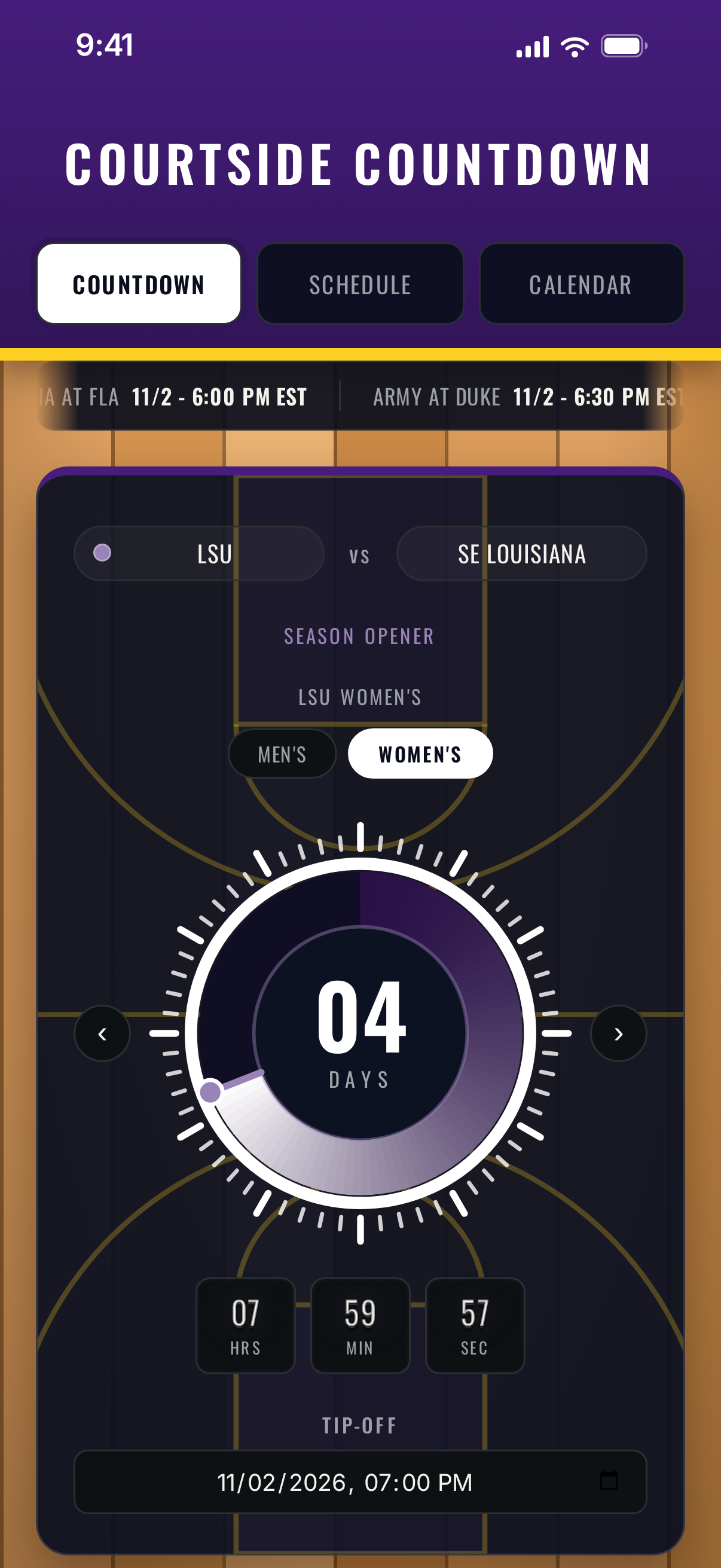 Women's team countdown in purple team colors