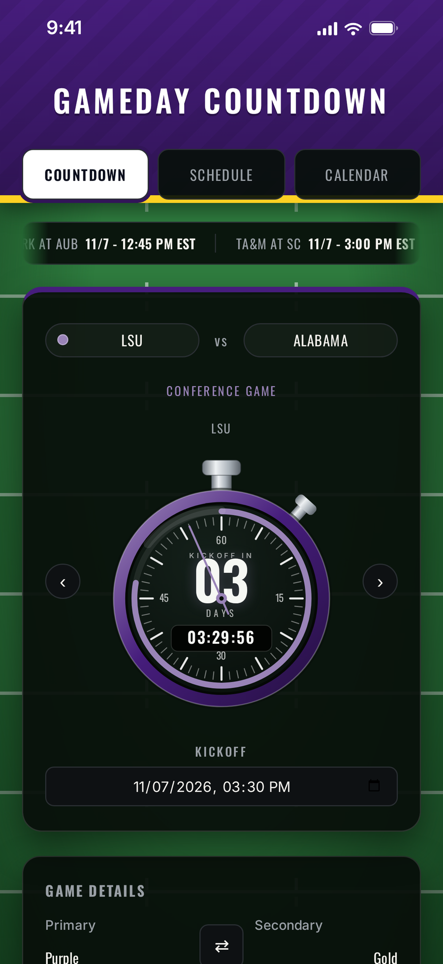 Countdown in a purple and gold team's colors