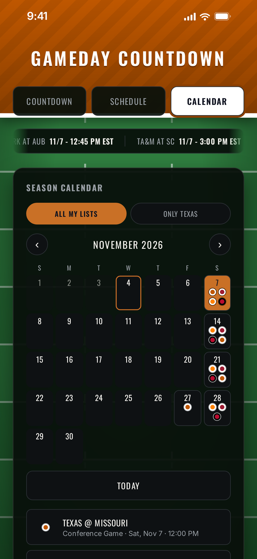 Season calendar showing a month of games with a dot for each team