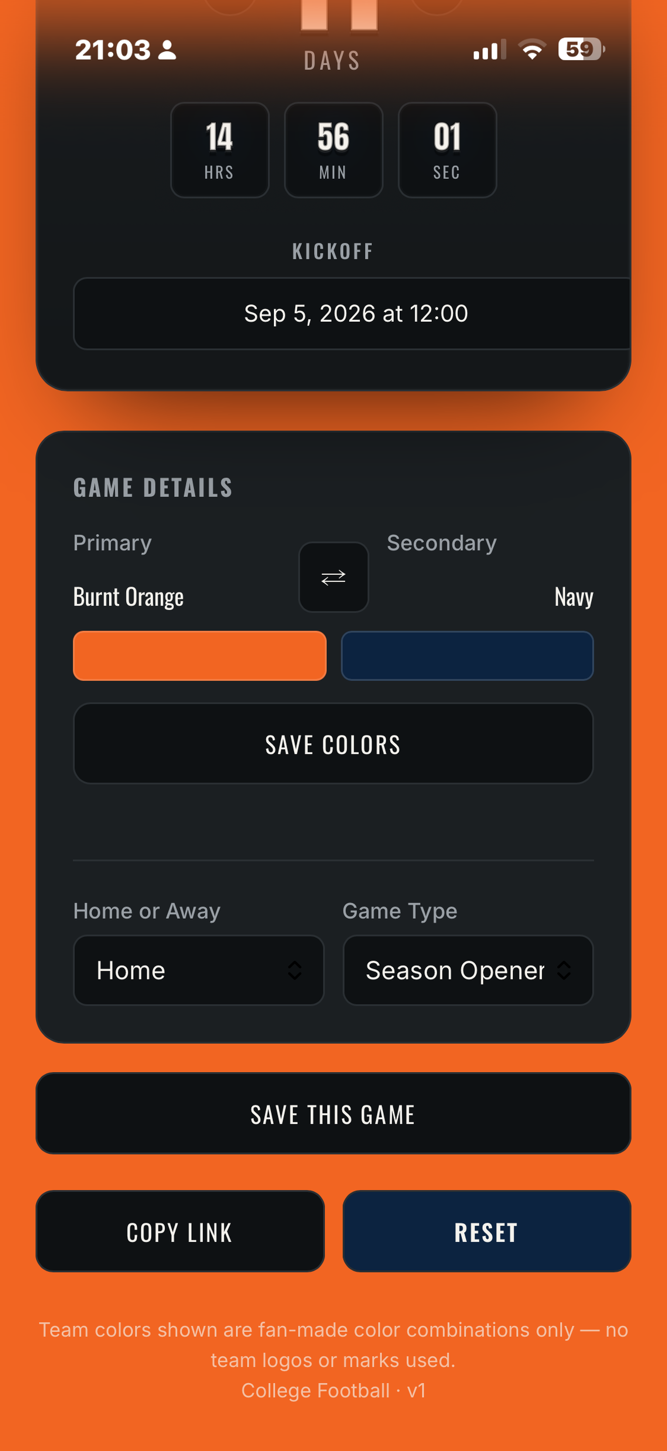 Team colors screen