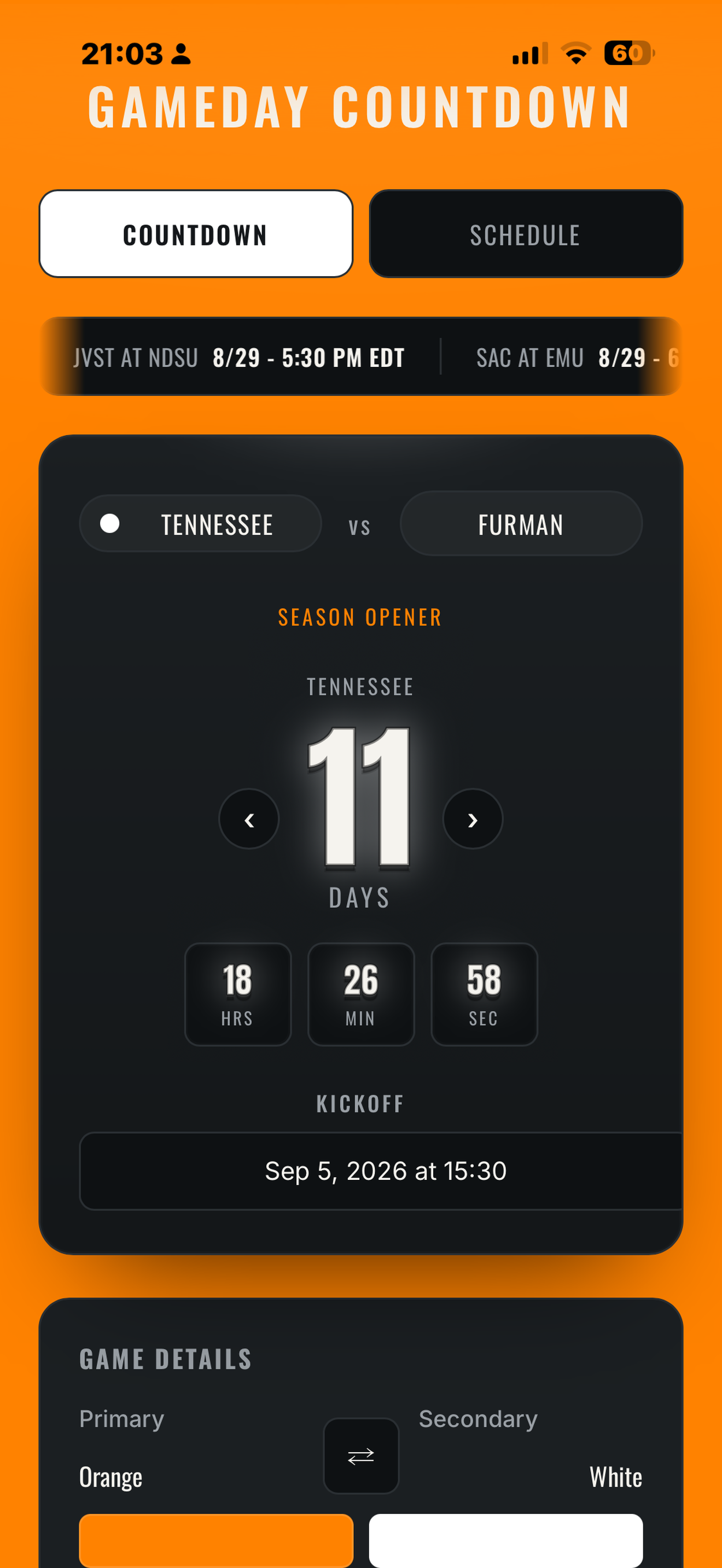 Gameday Countdown live scoreboard screenshot