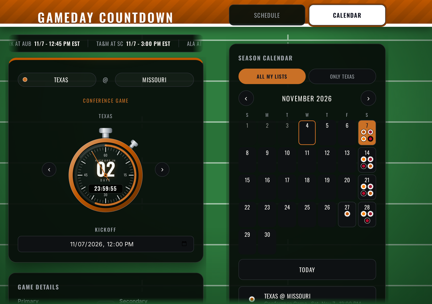 Gameday Countdown on an unfolded iPhone Duo held wide: the countdown on the left, the season calendar on the right