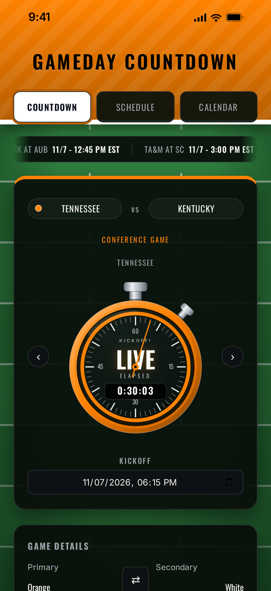 The stopwatch showing LIVE and the time elapsed once the game has started