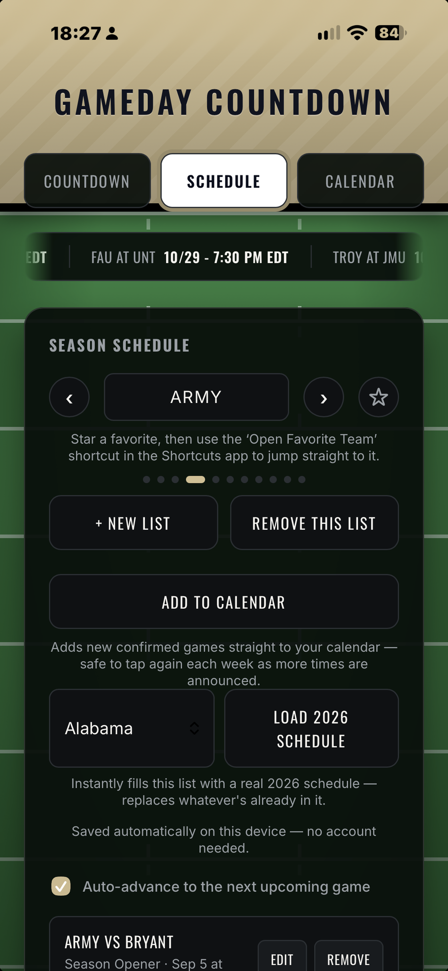 The Schedule tab with the favorite star, Add to Calendar, and Load 2026 Schedule
