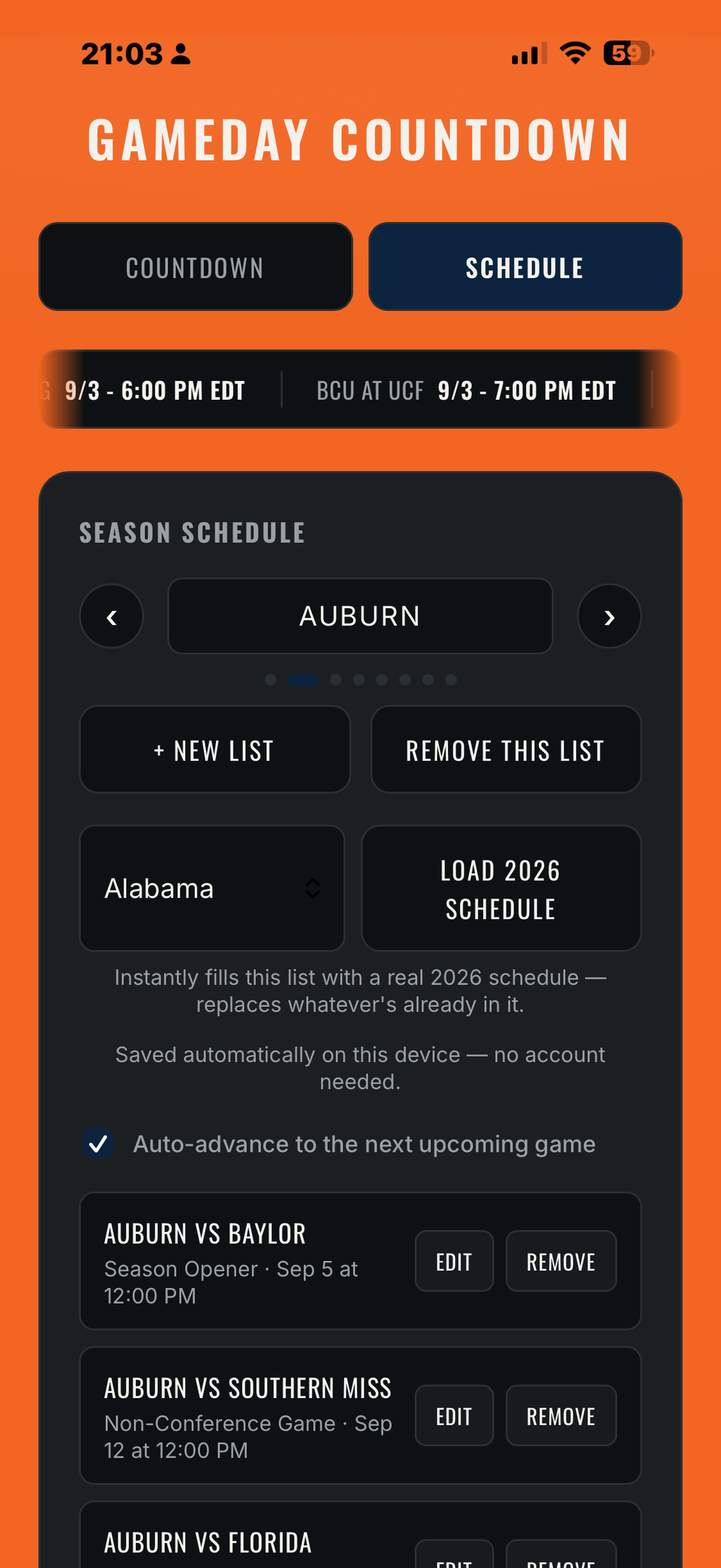 Schedule switcher screen