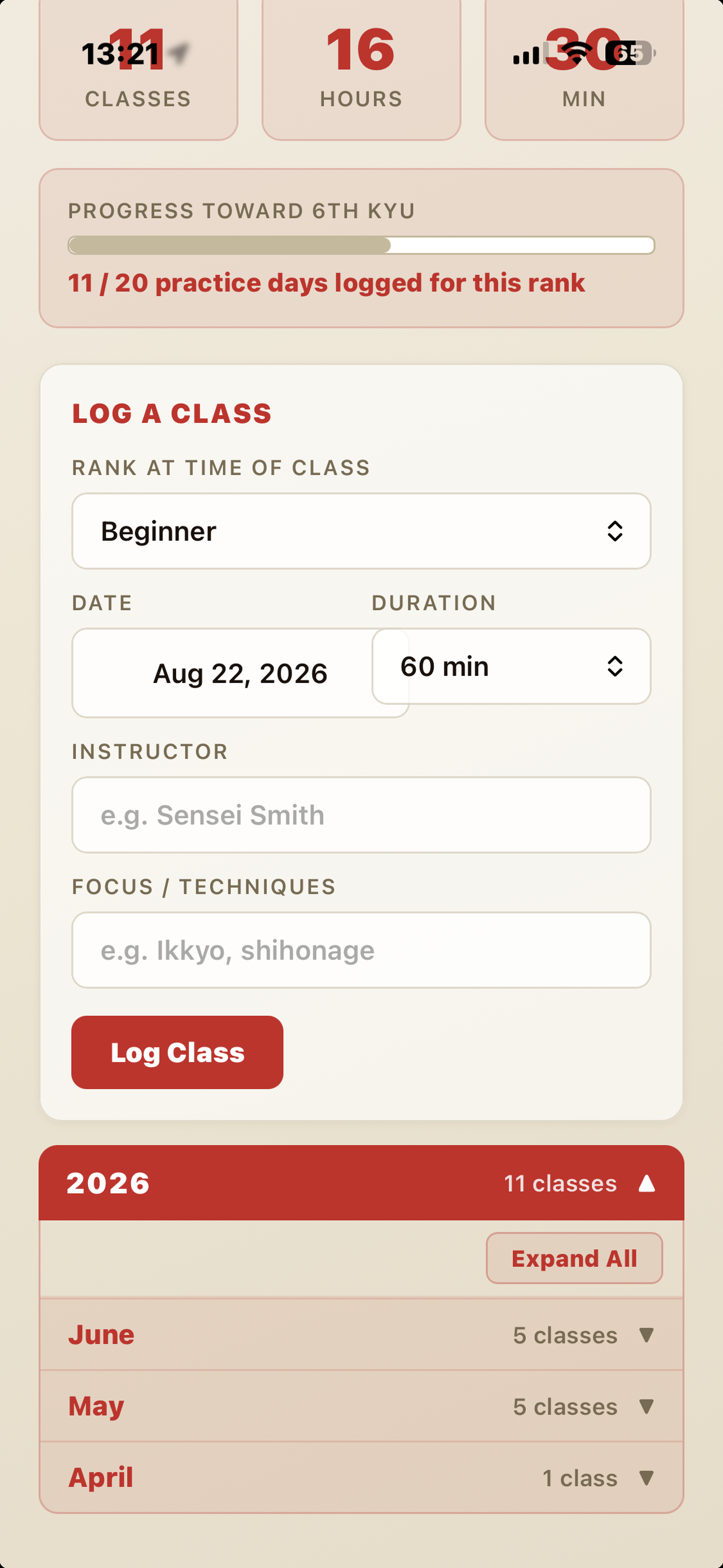 Class log screen