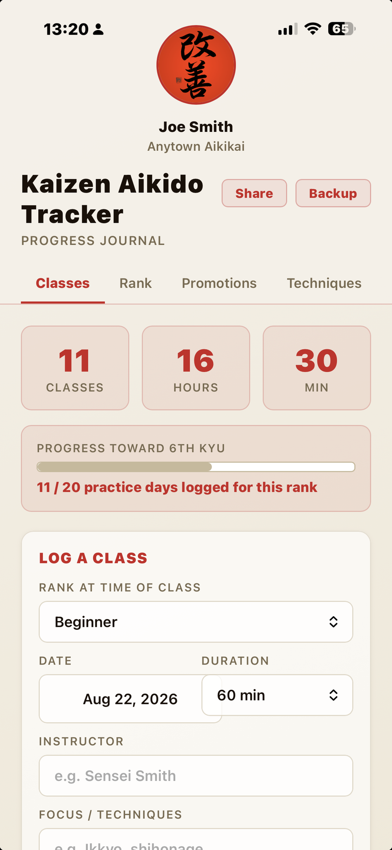 Kaizen Aikido Tracker overview screenshot