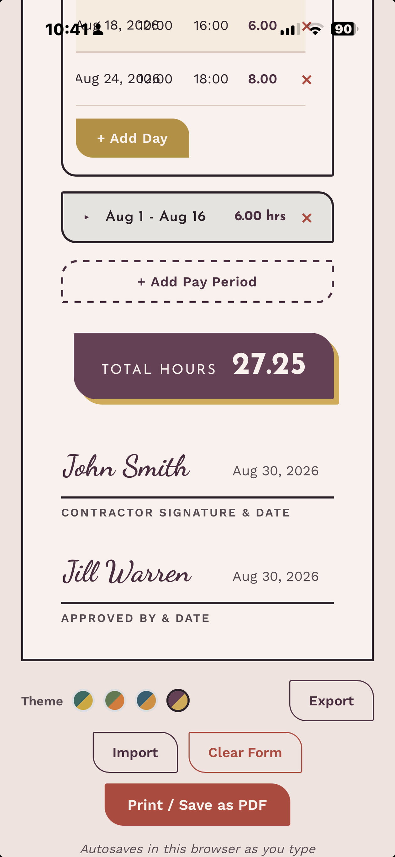 Signatures and export screen