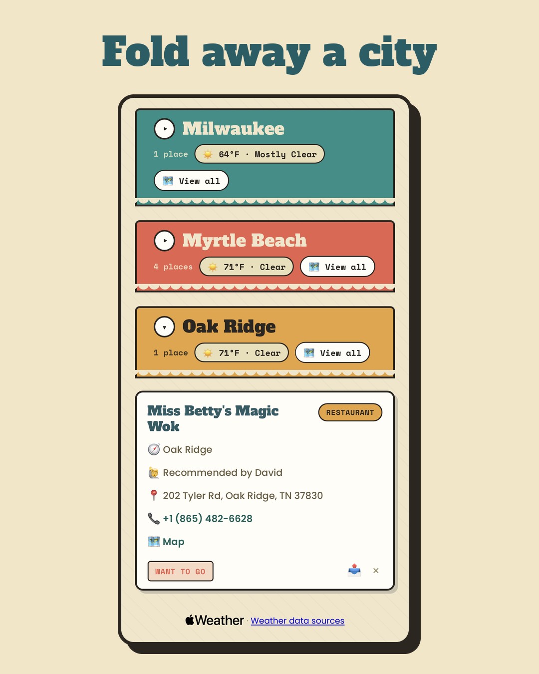 Waypoints with the Milwaukee and Myrtle Beach banners folded away and Oak Ridge open, showing one place