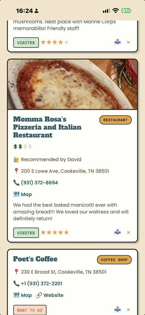 A place card with a photo, price range, address, phone number, notes, and a five-star rating