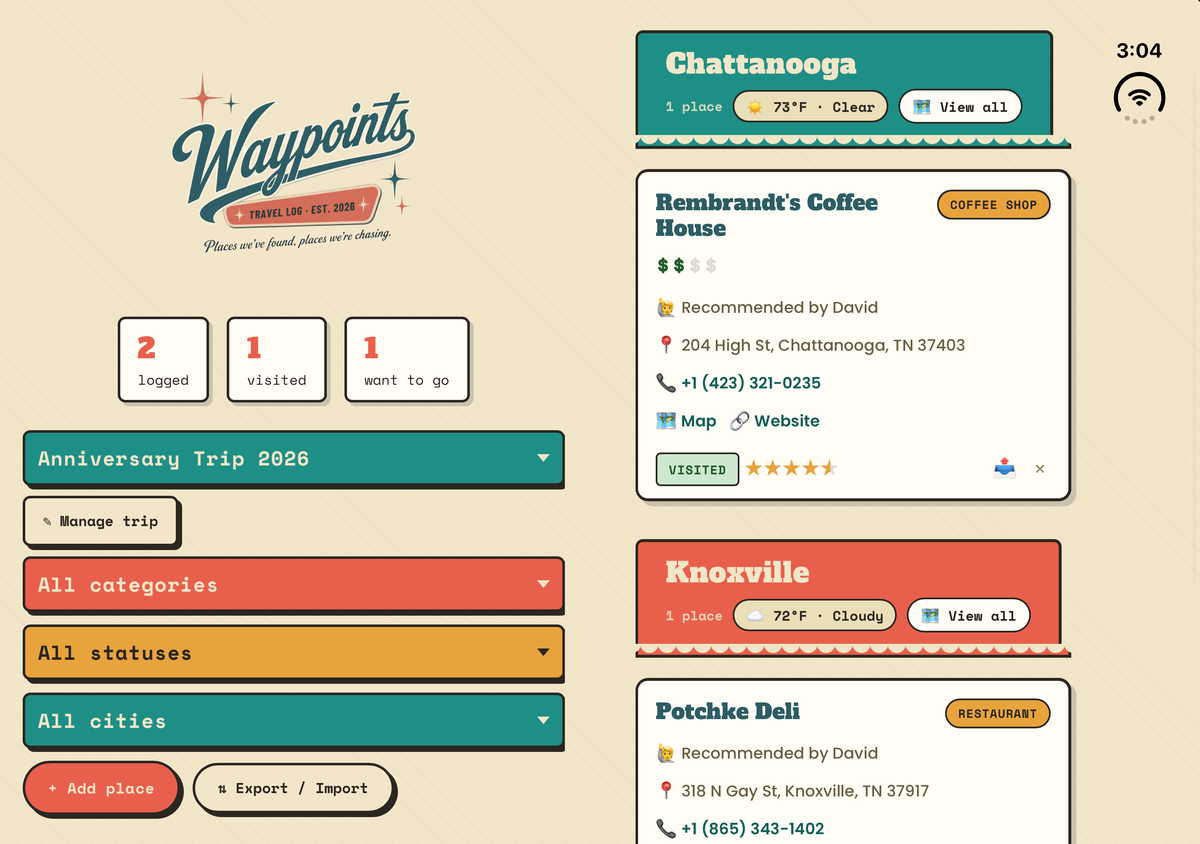 iPhone Duo unfolded and held wide: the Waypoints logo, totals, and filters on the left, and a list of places with ratings on the right