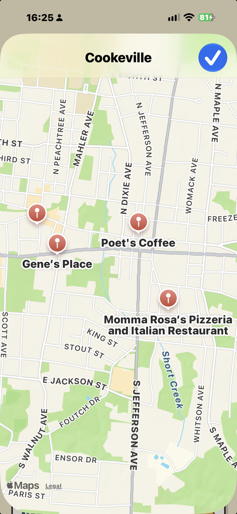 A native Apple Maps screen with a pin on every saved place in Cookeville