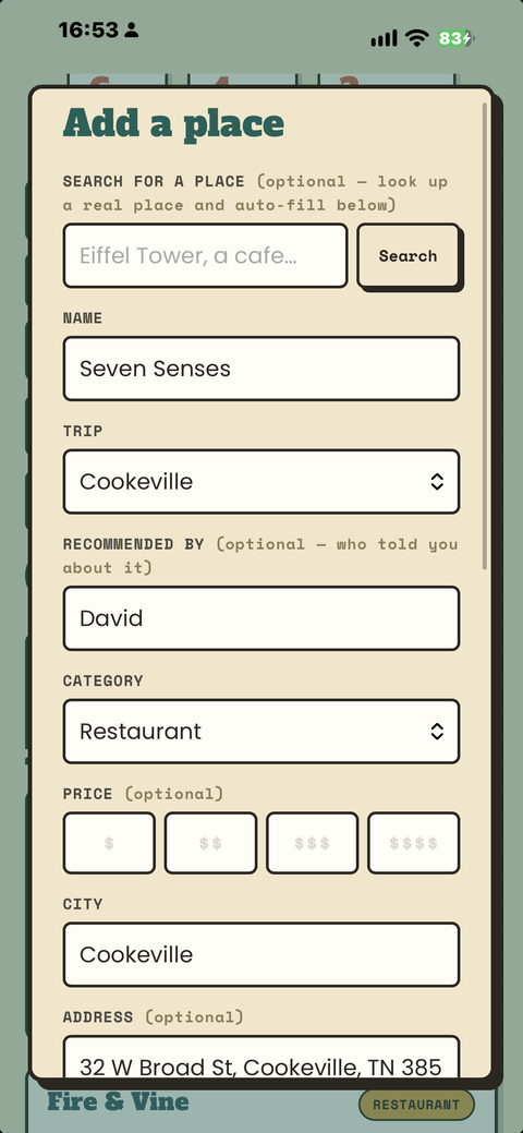 The Add a place form with a search box that fills in the name, address, and phone number