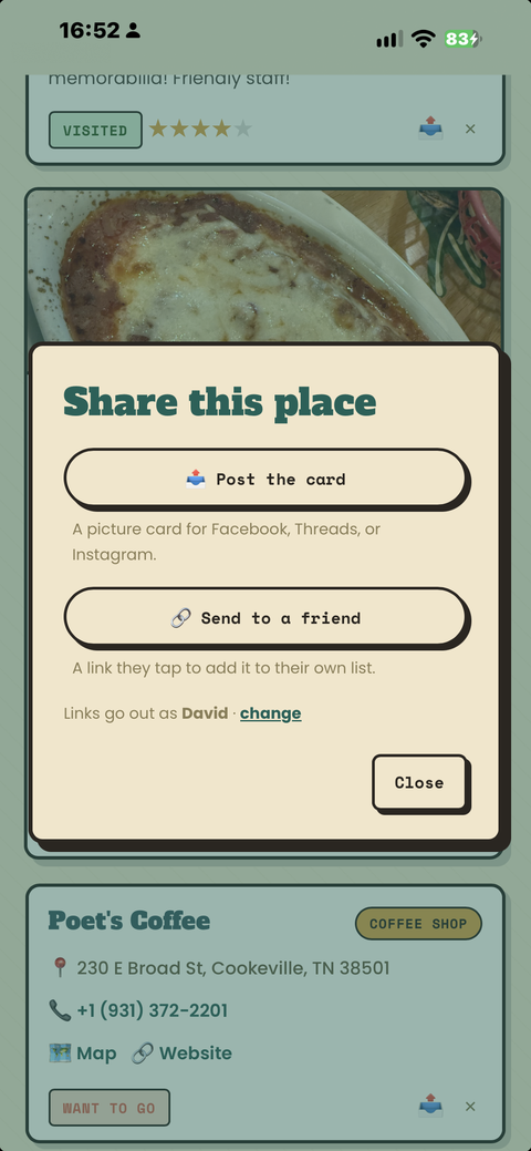 The Share this place popup with Post the card and Send to a friend